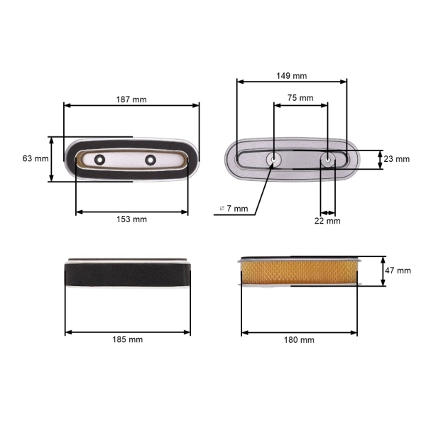 Filtr powietrza 185 mm x 47 mm do silników Honda GXV160 HR216 HRU216 HRA216 HRU216D HUT216 HRU19 (OEM 17211-ZE7-W03 17211-ZE7-W01 17211-ZE7-W02)
