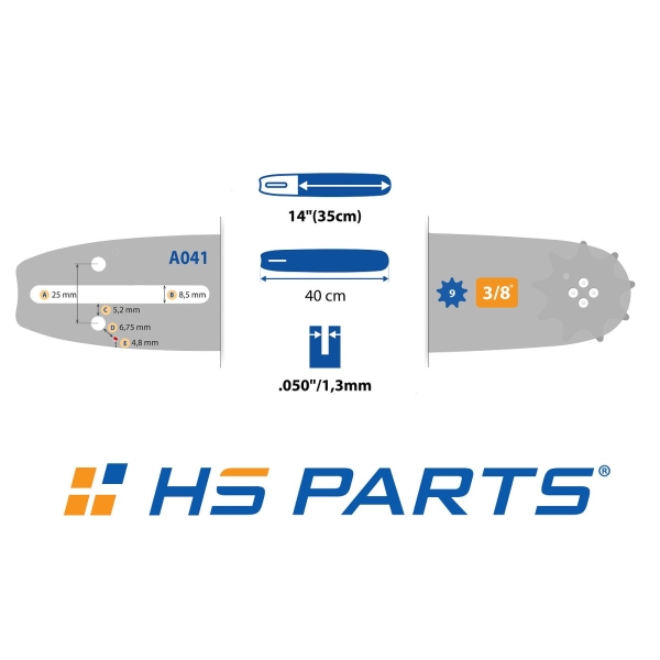 HS PARTS Prowadnica 14" (35 cm) 3/8" .050" (1,3 mm) + 2 x Łańcuch tnący 52 ogniwa Ząb kwadratowy do Partner 350 351 370 P420 Husqvarna T425 E16 E316 E321 Dolmar PS330 PS33 PS34 ES152 Homelite 3300 CS40 Solo 613 Oleomac GS35 GS350 931