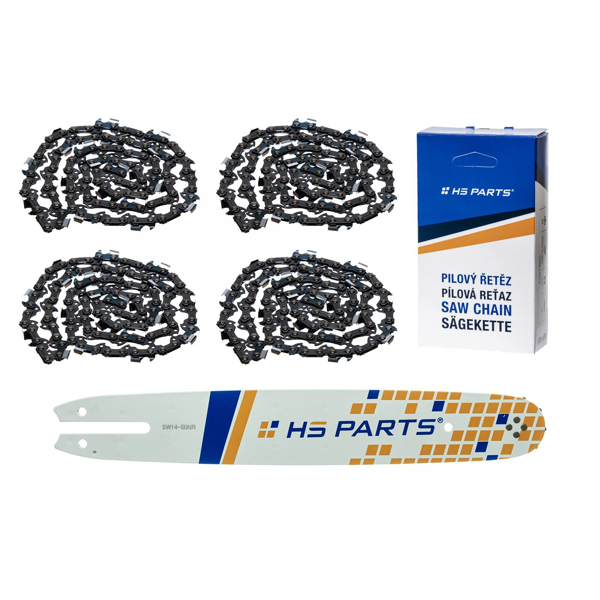 HS PARTS Prowadnica 14" (35 cm) 3/8" .050" (1,3 mm) + 4 x Łańcuch tnący 50 ogniw Ząb kwadratowy do Stihl 009 012 017 018 019 020 021 025 MS170 MS180 MS192 MS200 MS210 MS211 MS241 MS251