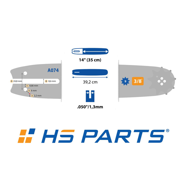 HS PARTS Prowadnica 14" (35 cm) 3/8" .050" (1,3 mm) + 4 x Łańcuch tnący 50 ogniw Ząb kwadratowy do Stihl 009 012 017 018 019 020 021 025 MS170 MS180 MS192 MS200 MS210 MS211 MS241 MS251