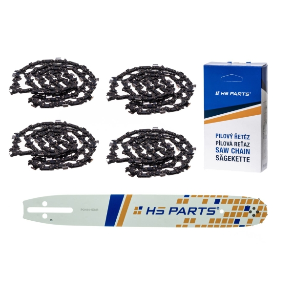 HS PARTS Prowadnica 14" (35 cm) 3/8" .050" (1,3 mm) + 4 x Łańcuch tnący 52 ogniwa Zęby kwadratowe do Husqvarna 36 41 136 137 141 236 240 T435 335XPT 333 334 Jonsered 2035 2115 2117 2138 CS2234 CS2236T Solo 614 630 633 636