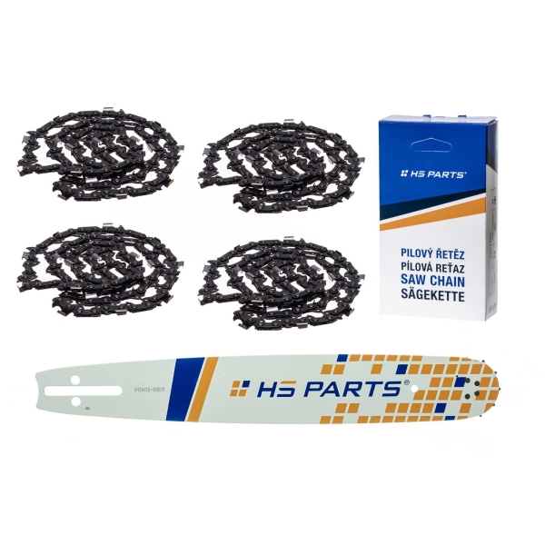 HS PARTS Prowadnica 15" (38 cm) 3/8" .050" (1,3 mm) + 4 x Łańcuch tnący 56 ogniw Ząb kwadratowy do Husqvarna 51 55 154 254 257 357 359 455 560XP