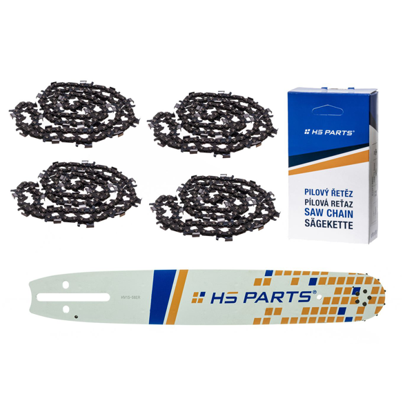 HS PARTS prowadnica 15" (38 cm) 3/8" .058" (1,5 mm) + 4 x łańcuch do cięcia wzdłużnego 56 ogniwa dla Husqvarna 61 66 268 272 365 372XP 385 585 Solo 665 670 681 Jonsered 2077 2171 Dolmar PS6400 Shindaiwa 285 577 Makita DCS6400 DCS7301
