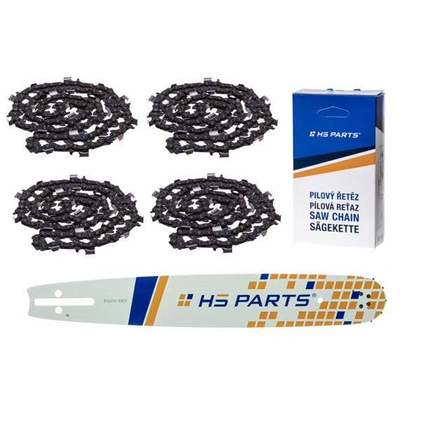 HS PARTS Prowadnica 15" (38 cm) 3/8" .058" (1,5 mm) + 4 x Łańcuch tnący 56 ogniw Ząb kwadratowy do Husqvarna 51 55 154 254 257 357 359 455 560XP