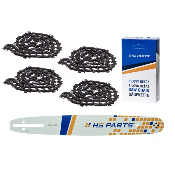 HS PARTS Prowadnica 15" (38 cm) .325" .050" (1,3 mm) + 4 x Łańcuch tnący 64 ogniwa Ząb kwadratowy do Husqvarna 36 55 136 154 254 257 262 346 357 435 445 460 Jonsered 2054 2152 CS2149W Dolmar 109 111 112 116 Solo 639 651 665