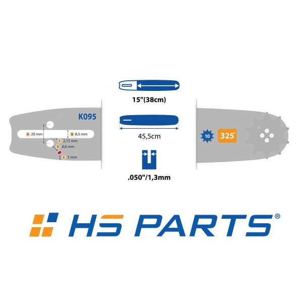 HS PARTS Prowadnica 15" (38 cm) .325" .050" (1,3 mm) + Łańcuch tnący 64 ogniwa Zęby kwadratowe do Husqvarna 36 45 55 137 242 262 346 359 435 444 450E 460 560XP