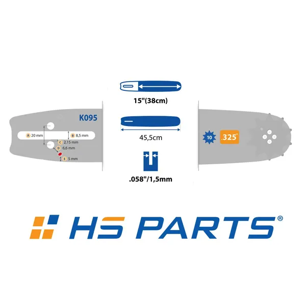 HS PARTS Prowadnica 15" (38 cm) .325" .058" (1,5 mm) + 2 x Łańcuch tnący 64 ogniwa Ząb kwadratowy do Husqvarna 36 45 55 136 254 262 345 346 357 435 445 460 Jonsered 2054 2152 2155 Dolmar 109 111 112 116 Solo 639 651 665
