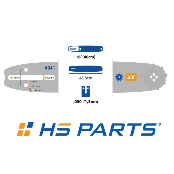 HS PARTS Prowadnica 16" (40 cm) 3/8" .050" (1,3 mm) + 2 x Łańcuch tnący 56 ogniw Ząb kwadratowy  do Partner 350 351 370 P420 Husqvarna T425 E16 E316 E321 Dolmar PS330 PS33 PS34 ES152 Homelite 3300 CS40 Solo 613 Oleomac GS35 GS350 931