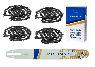HS PARTS Prowadnica 16" (40 cm) 3/8" .050" (1,3 mm) + 4 x Łańcuch tnący 56 ogniw Ząb kwadratowy do Partner 350 351 370 P420 Husqvarna T425 E16 E316 E321 Dolmar PS330 PS33 PS34 ES152 Homelite 3300 CS40 Solo 613 Oleomac GS35 GS350 931