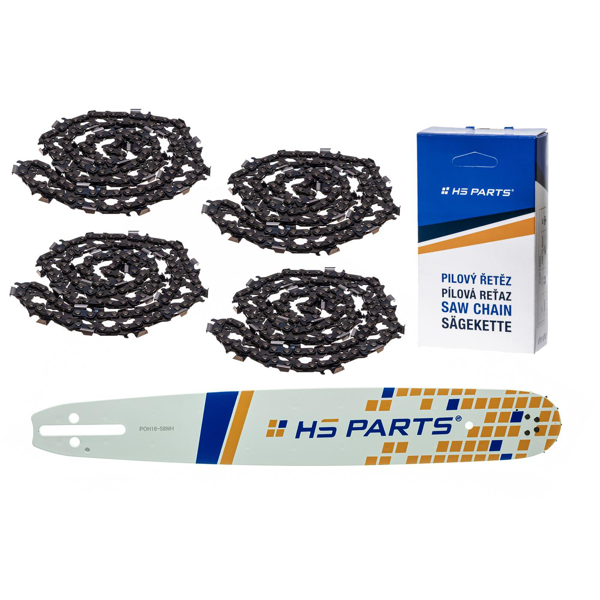 HS PARTS Prowadnica 16" (40 cm) .325" .058" (1,5 mm) + 4 x Łańcuch tnący 66 ogniw Zęby kwadratowe do Husqvarna 36 55 136 154 257 262 346 357 435 445 460 Jonsered 2054 2152 CS2149W Dolmar 109 111 112 116 Solo 639 651 665
