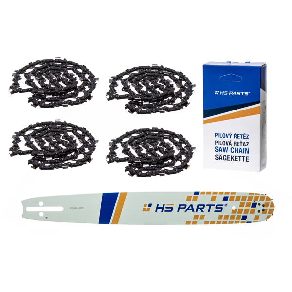 HS PARTS Prowadnica 18" (45 cm) 3/8" .050" (1,3 mm) + 4 x Łańcuch tnący 64 ogniwa Ząb kwadratowy do Husqvarna 246 254 262 345 357 455 460 555 560 Jonsered 2054 CS2260 Dolmar 111 112 115 PS540 Solo 613 614 650 Oleomac 162 956 962