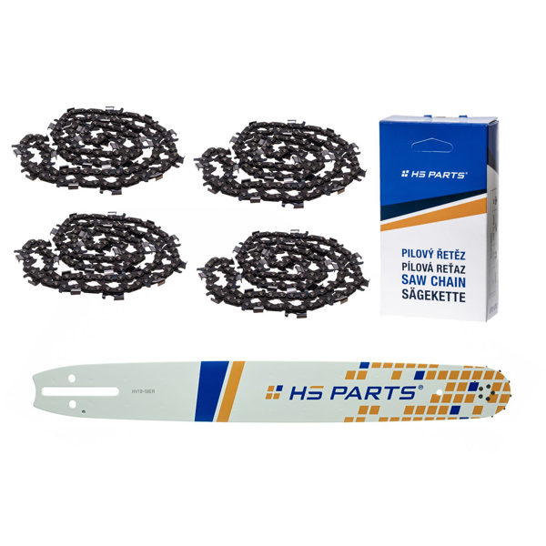 HS PARTS prowadnica 18" (45 cm) 3/8" .058" (1,5 mm) + 4 x łańcuch do cięcia wzdłużnego 68 ogniwa dla Husqvarna 61 66 268 272 365 372XP 385 585 Solo 665 670 681 Jonsered 2077 2171 Dolmar PS6400 Shindaiwa 285 577 Makita DCS6400 DCS7301