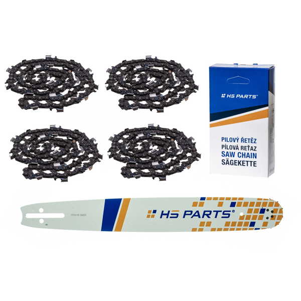 HS PARTS Prowadnica 18" (45 cm) 3/8" .058" (1,5 mm) + 4 x Łańcuch tnący 64 ogniwa Zęby kwadratowe do Husqvarna 40 55 242 254 262 339XP 353 357 359 T435 445 455 460 550 560XP