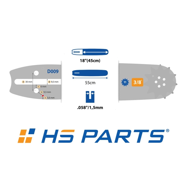 HS PARTS Prowadnica 18" (45 cm) 3/8" .058" (1,5 mm) + 4 x Łańcuch tnący 68 ogniw Ząb kwadratowy do Husqvarna 61 66 266 268 362 365 372 372 XTorq 281 288 298 385 394 395 480 562 570 575