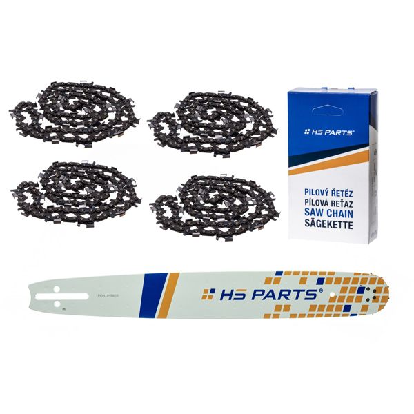 HS PARTS Prowadnica 18" (45 cm) 3/8" .058" (1,5 mm) + 4 x Łańcuch tnący 68 ogniw, ząb okrągły do wykonywania listew i desek, pasuje do Husqvarna 51 55 346XP 353 357 359 455 460 560XP