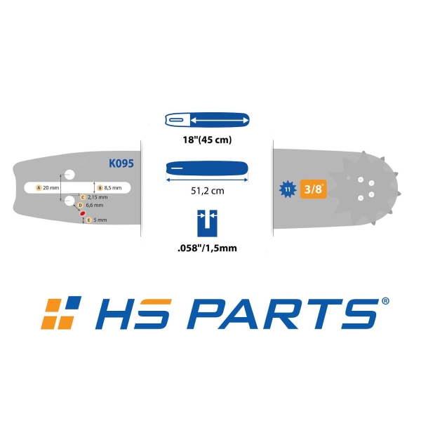 HS PARTS Prowadnica 18" (45 cm) 3/8" .058" (1,5 mm) + Łańcuch tnący 64 ogniwa Zęby kwadratowe do Husqvarna 40 55 242 254 262 339XP 353 357 359 T435 445 455 460 550 560XP