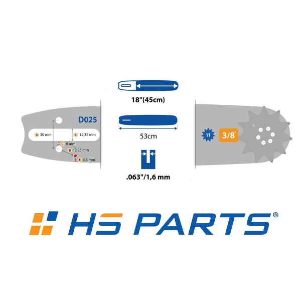 HS PARTS Prowadnica 18" (45 cm) 3/8" .063" (1,6 mm) + Łańcuch tnący 66 ogniw Kwadratowy ząb do Stihl 030 036 042 045 MS290 MS390 MS360 MS361 MS362 MS440 MS460 MS660