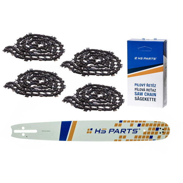 HS PARTS Prowadnica 18" (45 cm) .325" .050" (1,3 mm) + 4 x Łańcuch tnący 72 ogniwa Ząb kwadratowy do Husqvarna 36 55 136 154 254 257 262 346 357 435 445 460 Jonsered 2054 2152 2155 CS2149W Dolmar 109 111 112 116 Solo 639 651
