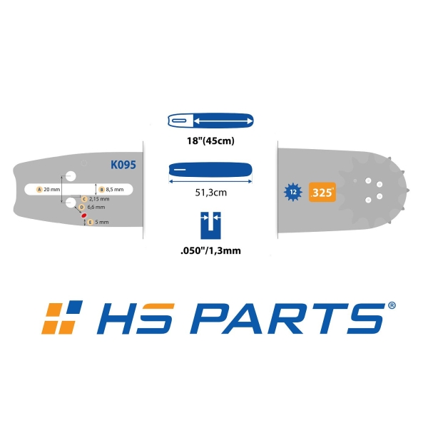 HS PARTS Prowadnica 18" (45 cm) .325" .050" (1,3 mm) + 4 x Łańcuch tnący 72 ogniwa Ząb kwadratowy do Husqvarna 36 55 136 154 254 257 262 346 357 435 445 460 Jonsered 2054 2152 2155 CS2149W Dolmar 109 111 112 116 Solo 639 651