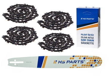 HS PARTS Prowadnica 18" (45 cm) .325" .058" (1,5 mm) + 4 x Łańcuch tnący 72 ogniwa Zęby kwadratowe do Husqvarna 36 45 55 136 254 262 345 346 357 435 445 460 Jonsered 2054 2152 2155 Dolmar 109 111 112 116 Solo 639 651 665