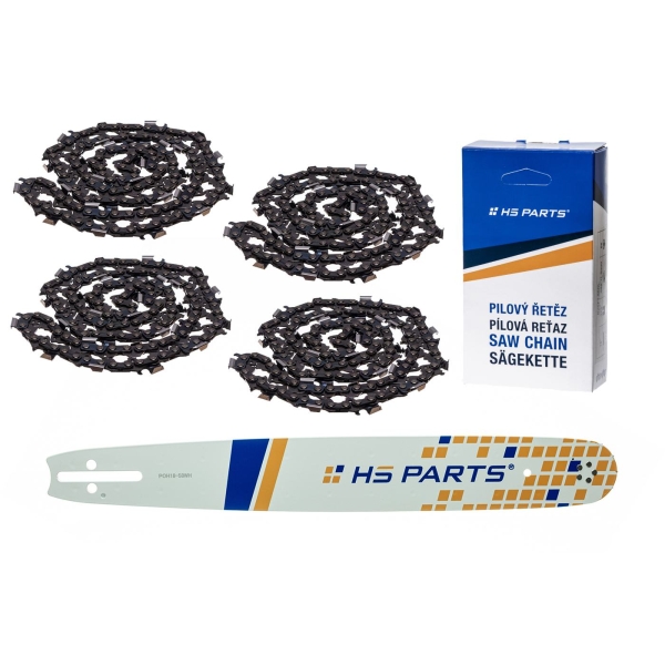 HS PARTS Prowadnica 18" (45 cm) .325" .058" (1,5 mm) + 4 x Łańcuch tnący 72 ogniwa Zęby kwadratowe do Husqvarna 36 45 55 136 254 262 345 346 357 435 445 460 Jonsered 2054 2152 2155 Dolmar 109 111 112 116 Solo 639 651 665