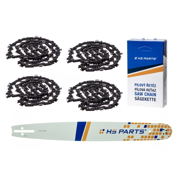HS PARTS Prowadnica 20" (50 cm) 3/8" .050" (1,3 mm) + 4 x Łańcuch tnący 72 ogniwa Ząb kwadratowy do Husqvarna 246 254 262 345 357 455 460 555 560 Jonsered 2054 CS2260 Dolmar 111 112 115 PS540 Solo 613 614 650 Oleomac 162 956 962