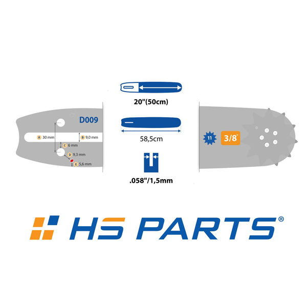 HS PARTS Prowadnica 20" (50 cm) 3/8" .058" (1,5 mm) + 2 x Łańcuch tnący 72 ogniwa Ząb kwadratowy do Husqvarna 66 160 266 268 285 362 365 372380 394 395 480 562XP 570 575XP
