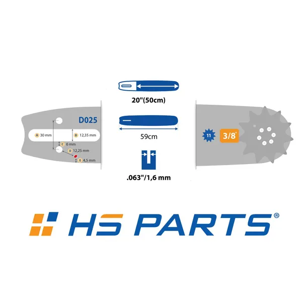 HS PARTS Prowadnica 20" (50 cm) 3/8" .063" (1,6 mm) + 2 x Łańcuch tnący 72 ogniwa ząb kwadratowy + Bęben sprzęgła do Stihl 038 MS380