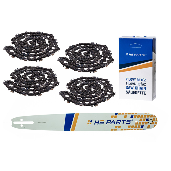 HS PARTS Prowadnica 20" (50 cm) .325" .058" (1,5 mm) + 4 x Łańcuch tnący 76 ogniw Ząb kwadratowy do Husqvarna 36 55 136 154 257 262 346 357 435 445 460 Jonsered 2054 2152 CS2149W Dolmar 109 111 112 116 Solo 639 651 665