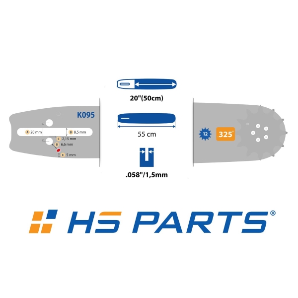 HS PARTS Prowadnica 20" (50 cm) .325" .058" (1,5 mm) + Łańcuch tnący 76 ogniw Zęby kwadratowe do Husqvarna 45 55 254 257 262 339XP 346 359 445 450 455 550 545 550XP