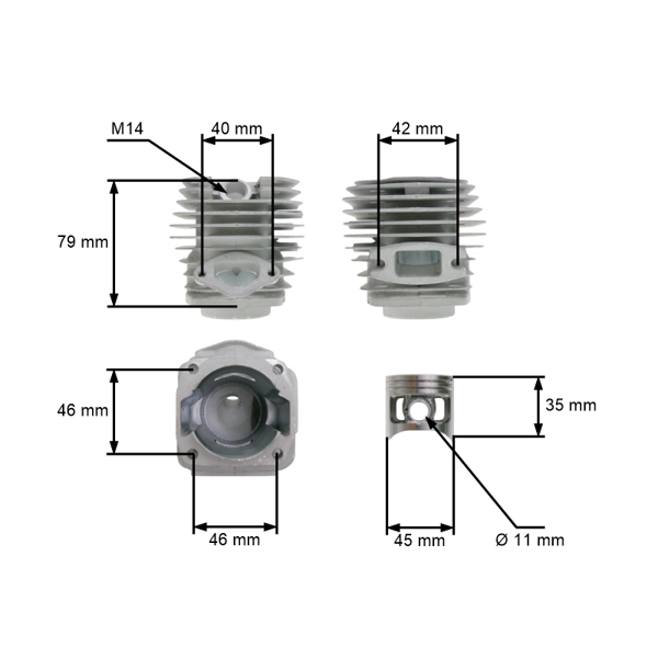 Kompletny cylinder HS PARTS z tłokiem 45 mm do chińskich pił łańcuchowych i pił z rynku hobbystycznego z silnikiem o pojemności 52cc