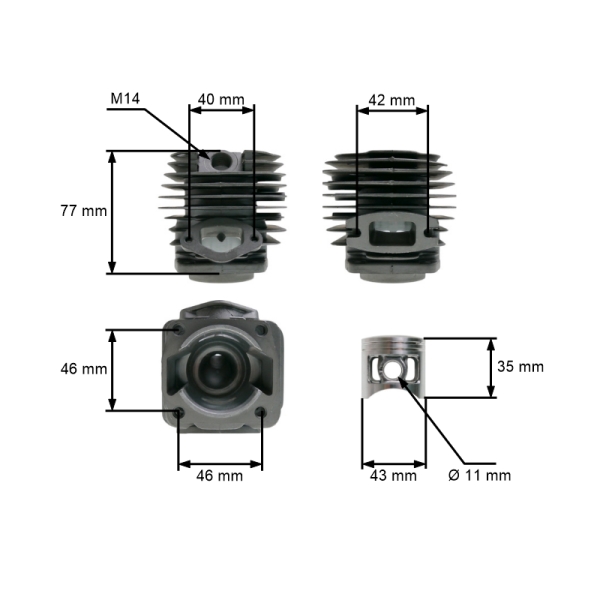 Kompletny cylinder z tłokiem 43 mm do pił łańcuchowych przeznaczonych na rynek chiński i hobbystyczny, o pojemności silnika 45–58 cm3