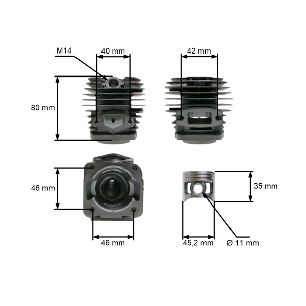 Kompletny cylinder z tłokiem 45,2 mm do pił łańcuchowych przeznaczonych na rynek chiński i hobbystyczny, z silnikiem o pojemności 58 cm3