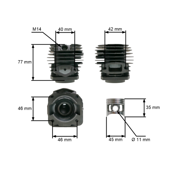 Kompletny cylinder z tłokiem 45 mm do pił łańcuchowych chińskich i hobbystycznych o pojemności silnika 45 cm3 - 58 cm3