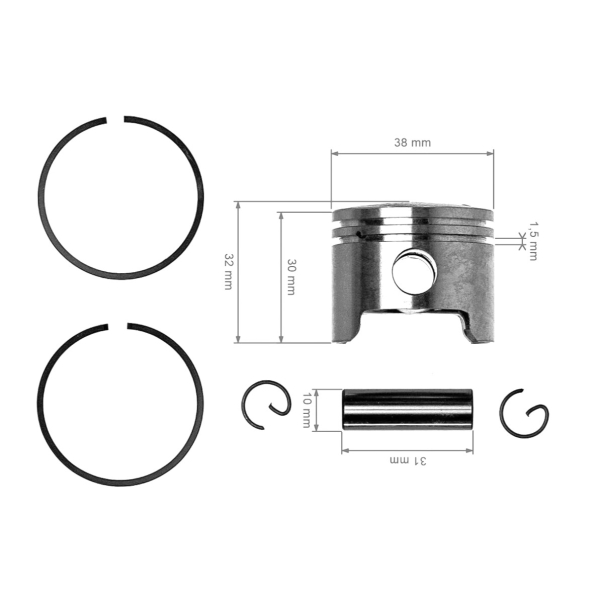 Kompletny tłok do Husqvarna 125RB 125RD 132R 132RB 132RJ 133R Jonsered GC2032 38 mm (OEM 531007839 531002376)
