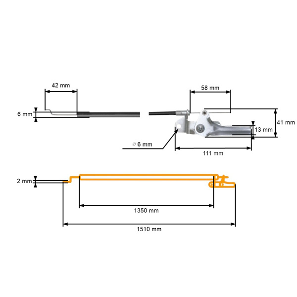 Kompletny uniwersalny kabel gazowy ze stalowym sterownikiem do kosiarek silnikowych o wymiarach 1510 mm x 1350 mm