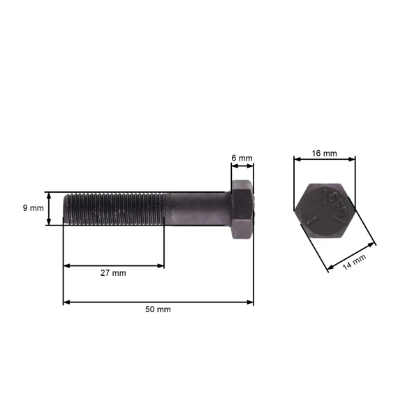 Śruba noża kosiarki z gwintem drobnozwojnym UNF 3/8" x 1-3/4" do kosiarek silnikowych i traktorków ogrodowych długość całkowita 50 mm średnica 9,40 mm