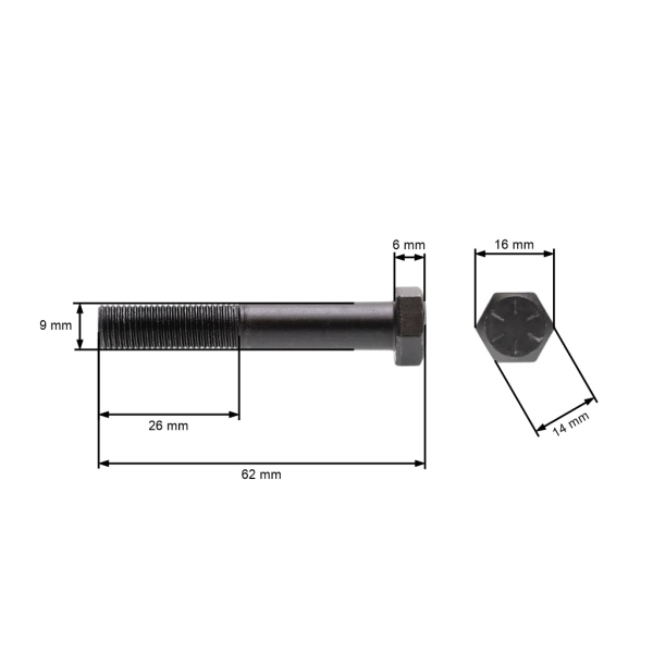 Śruba ostrza kosiarki z gwintem drobnozwojnym UNF 3/8" x 2-1/4" do kosiarek i traktorów ogrodowych Długość całkowita 62 mm Średnica 9,40 mm