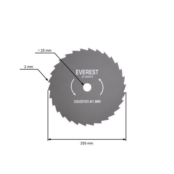 Tarcza stalowa tnąca z 30 zębami o wymiarach 255 mm x 25,4 mm x 1,8 mm do kos i podkaszarki silnikowej