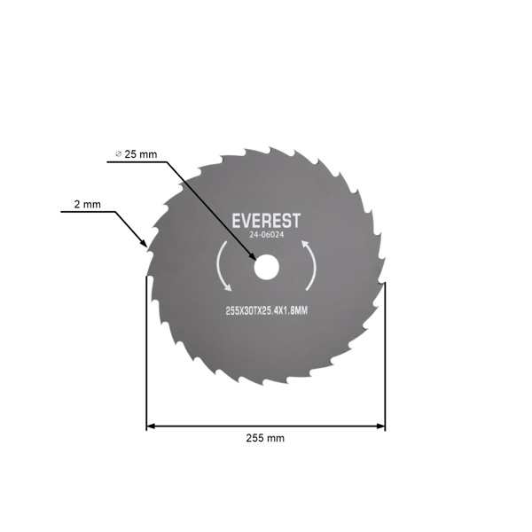 Tarcza stalowa tnąca z 30 zębami o wymiarach 255 mm x 25,4 mm x 1,8 mm do kos i podkaszarki silnikowej