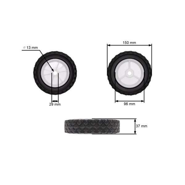 Uniwersalne koło plastikowe do kosiarek silnikowych i elektrycznych o średnicy 150 mm z gumową oponą