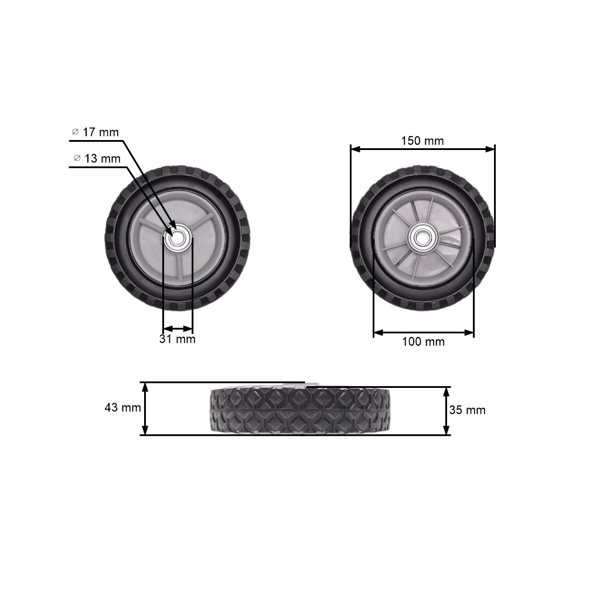 Uniwersalne koło plastikowe z łożyskiem do kosiarek silnikowych i elektrycznych o średnicy 150 mm z gumową oponą