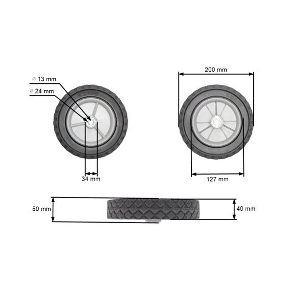 Uniwersalne koło plastikowe z łożyskiem do kosiarek silnikowych i elektrycznych o średnicy 200 mm z gumową oponą