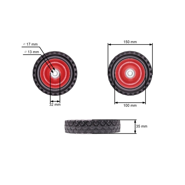 Uniwersalne koło stalowe z łożyskiem do kosiarek silnikowych i elektrycznych o średnicy 150 mm z gumową oponą