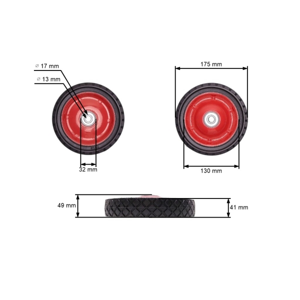 Uniwersalne koło stalowe z łożyskiem do kosiarek silnikowych i elektrycznych o średnicy 175 mm z gumową oponą