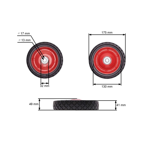 Uniwersalne koło stalowe z łożyskiem do kosiarek silnikowych i elektrycznych o średnicy 175 mm z gumową oponą