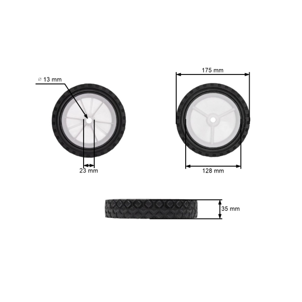 Uniwersalne plastikowe koło do kosiarek silnikowych i elektrycznych o średnicy 175 mm z gumową oponą