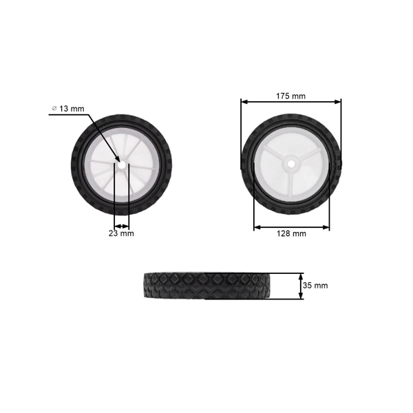 Uniwersalne plastikowe koło do kosiarek silnikowych i elektrycznych o średnicy 175 mm z gumową oponą