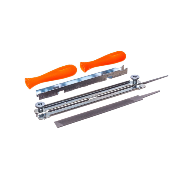 Zestaw do ostrzenia łańcuchów pił zawiera pilnik okrągły o średnicy 4,8 mm + pilnik płaski + 2 uchwyty + ogranicznik stopkowy z szablonem do kątowników