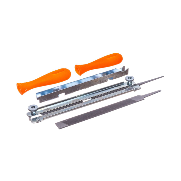 Zestaw do ostrzenia łańcuchów pił zawiera pilnik okrągły o średnicy 5,5 mm + pilnik płaski + 2 uchwyty + ogranicznik stopkowy z szablonem do kątowników